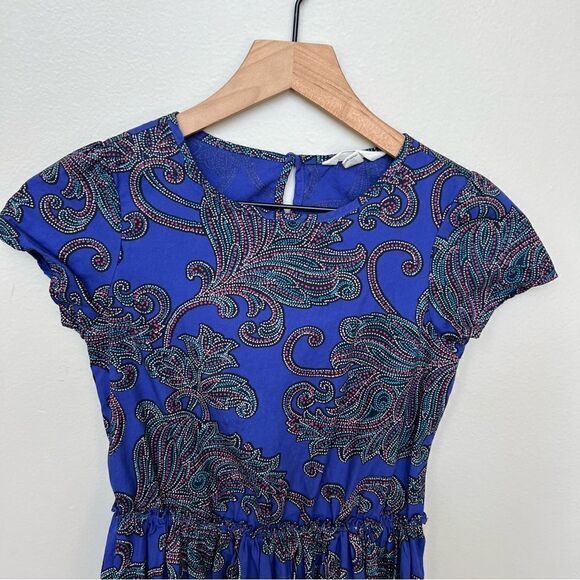 Lands’ End Kids Paisley Short Sleeve Dress Girls Size 10 Bright Blue Purple - Picture 2 of 8